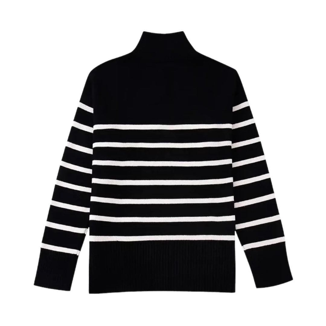 Black and white striped knitted quarter-zip pullover sweater for women and teens, soft ribbed chunky knit with collared neckline and silver zipper, cozy oversized warm knitwear perfect for fall autumn winter 2025, minimalist Scandinavian streetwear inspired by Zara and Aritzia dupe sweaters, trendy black and white stripe fashion shipping globally worldwide to US, UK, Canada, Europe, Australia, and Asia.