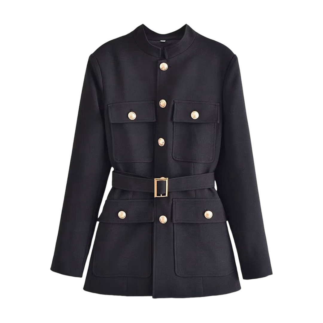 Black woolen military-inspired belted jacket for women featuring gold button-down front, tailored waist, long sleeves, crew neckline, and structured silhouette. Mid-thigh length coat dress style with attached belt and hourglass shape. Elegant fall and winter fashion outerwear for women and teens. Ships globally to US, UK, Canada, Australia, Europe, Asia, and more.