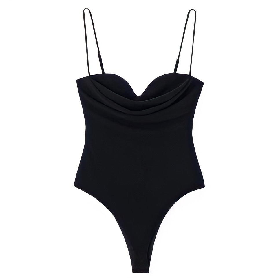 Ciel black bodycon ruched spaghetti strap bodysuit featuring a soft, stretchy cotton blend fabric with a slim fitted silhouette and sweetheart neckline. Designed with adjustable thin straps for a custom fit and ruched draping for a flattering, feminine look. Perfect for casual, dressy, or night-out wear. Ships globally and worldwide to the US, UK, Canada, Australia, New Zealand, Europe, Asia, and more.

