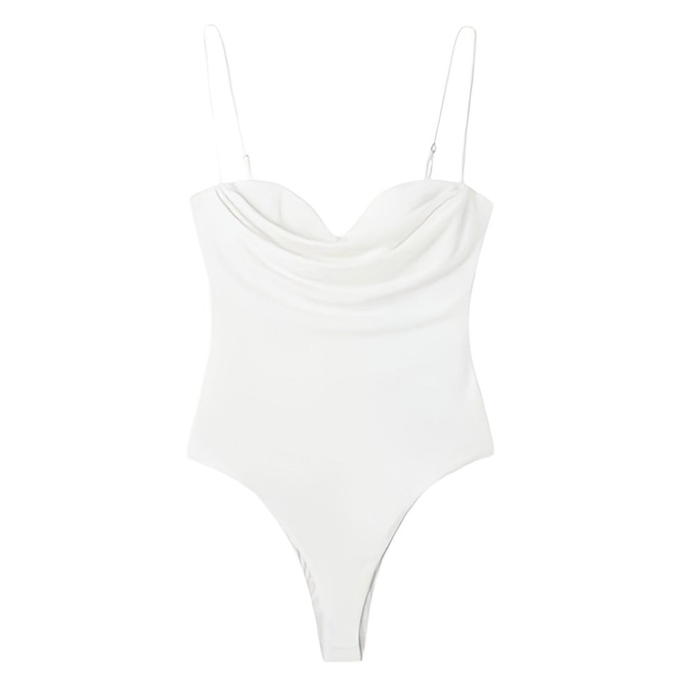 Ciel white bodycon ruched spaghetti strap bodysuit featuring a soft, stretchy cotton blend fabric with a slim, fitted silhouette and sweetheart neckline. Designed with adjustable straps for comfort and draped ruched detailing for a flattering feminine look. Perfect for casual, dressy, and night-out wear. Ships globally and worldwide to the US, UK, Canada, Australia, New Zealand, Europe, Asia, and more.

