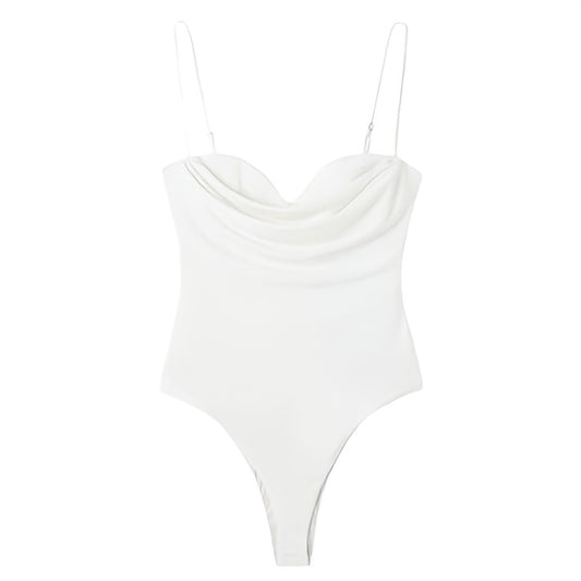 Ciel white bodycon ruched spaghetti strap bodysuit featuring a soft, stretchy cotton blend fabric with a slim, fitted silhouette and sweetheart neckline. Designed with adjustable straps for comfort and draped ruched detailing for a flattering feminine look. Perfect for casual, dressy, and night-out wear. Ships globally and worldwide to the US, UK, Canada, Australia, New Zealand, Europe, Asia, and more.

