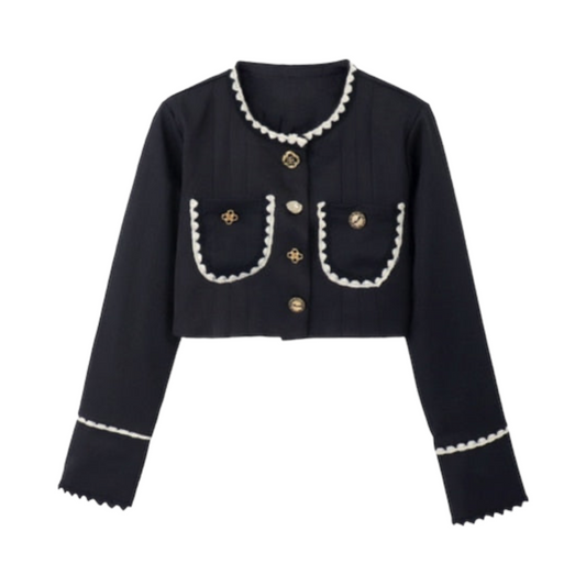 Cleo Black & White Trimmed Knit Gold Button Cropped Long Sleeve Cardigan Sweater for women and teens. Soft, lightweight, and cozy knitwear with gold buttons, scalloped trim, and a chic cropped silhouette. Elegant, feminine, and trendy woolen cardigan jacket inspired by Parisian chic and old money style. Perfect for fall, autumn, and winter outfits. Ships globally and worldwide to the US, UK, Canada, Australia, Europe, and Asia.