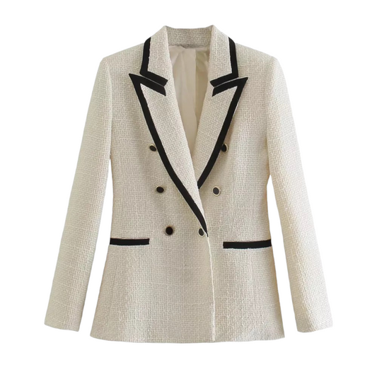 Cream White and Black Lined Tweed Long Sleeve Tailored Blazer Jacket featuring a structured double-breasted silhouette, satin lining, collared neckline, and front flap pockets. Elegant neutral tweed outerwear for women and teens. Perfect for fall, autumn, and winter 2025 fashion. Ships globally and worldwide to the US, UK, Canada, Australia, Europe, and Asia.