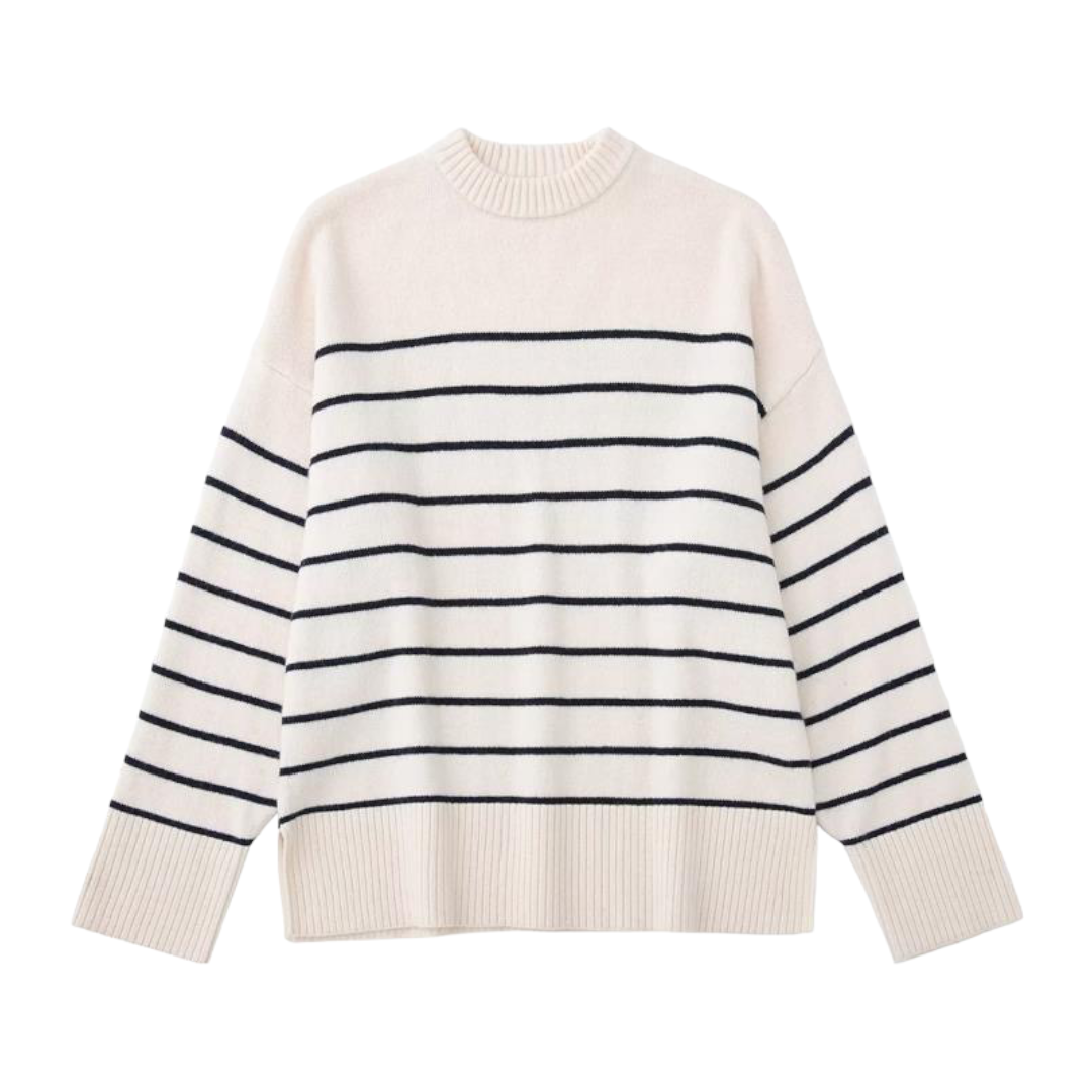 Cream white and black thin striped knit long sleeve crewneck pullover sweater for women and teens, soft thick ribbed chunky knit with round neckline and oversized cozy fit, elegant minimalist knitwear for fall autumn winter 2025, Scandinavian street style inspired by Zara and Aritzia dupe sweaters, ships globally and worldwide to US, UK, Canada, Europe, Australia, and Asia.