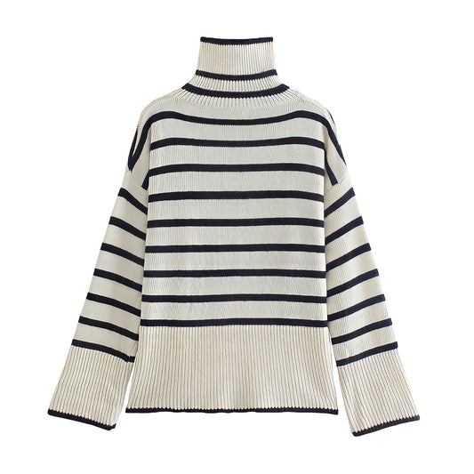 Cream white and black striped knitted turtleneck pullover sweater for women and teens, thick chunky ribbed knit design with long sleeves and oversized cozy fit, soft warm elegant knitwear for fall autumn winter 2025, Scandinavian coastal granddaughter fashion, chic preppy and old money style sweater inspired by Zara and Aritzia dupe pieces, ships globally worldwide to US, UK, Canada, Europe, Australia, and Asia.