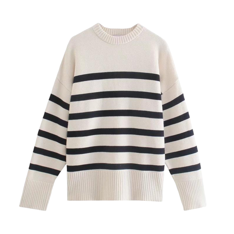 Cream white and black thick striped knit long sleeve crewneck pullover sweater for women and teens, chunky soft ribbed knit with round neckline and oversized cozy fit, elegant minimal knitwear for fall autumn winter 2025, Scandinavian coastal granddaughter and preppy style inspired by Zara and Aritzia dupe sweaters, ships globally worldwide to US, UK, Canada, Europe, Australia and Asia.