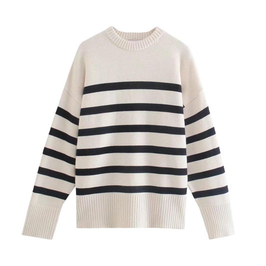 Cream white and black thick striped knit long sleeve crewneck pullover sweater for women and teens, chunky soft ribbed knit with round neckline and oversized cozy fit, elegant minimal knitwear for fall autumn winter 2025, Scandinavian coastal granddaughter and preppy style inspired by Zara and Aritzia dupe sweaters, ships globally worldwide to US, UK, Canada, Europe, Australia and Asia.