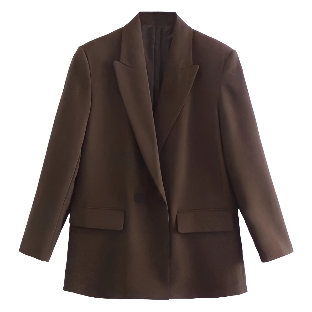 Dark Brown Long Sleeve Tailored Blazer Jacket featuring a sleek, double-breasted front with black buttons, satin lining, and a structured oversized silhouette. Classic v-neck collared design with front flap pockets for women and teens. Perfect for fall, autumn, and winter 2025 fashion. Ships globally and worldwide to the US, UK, Canada, Australia, Europe, and Asia.