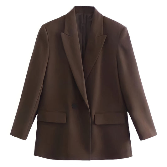 Dark Brown Long Sleeve Tailored Blazer Jacket featuring a sleek, double-breasted front with black buttons, satin lining, and a structured oversized silhouette. Classic v-neck collared design with front flap pockets for women and teens. Perfect for fall, autumn, and winter 2025 fashion. Ships globally and worldwide to the US, UK, Canada, Australia, Europe, and Asia.