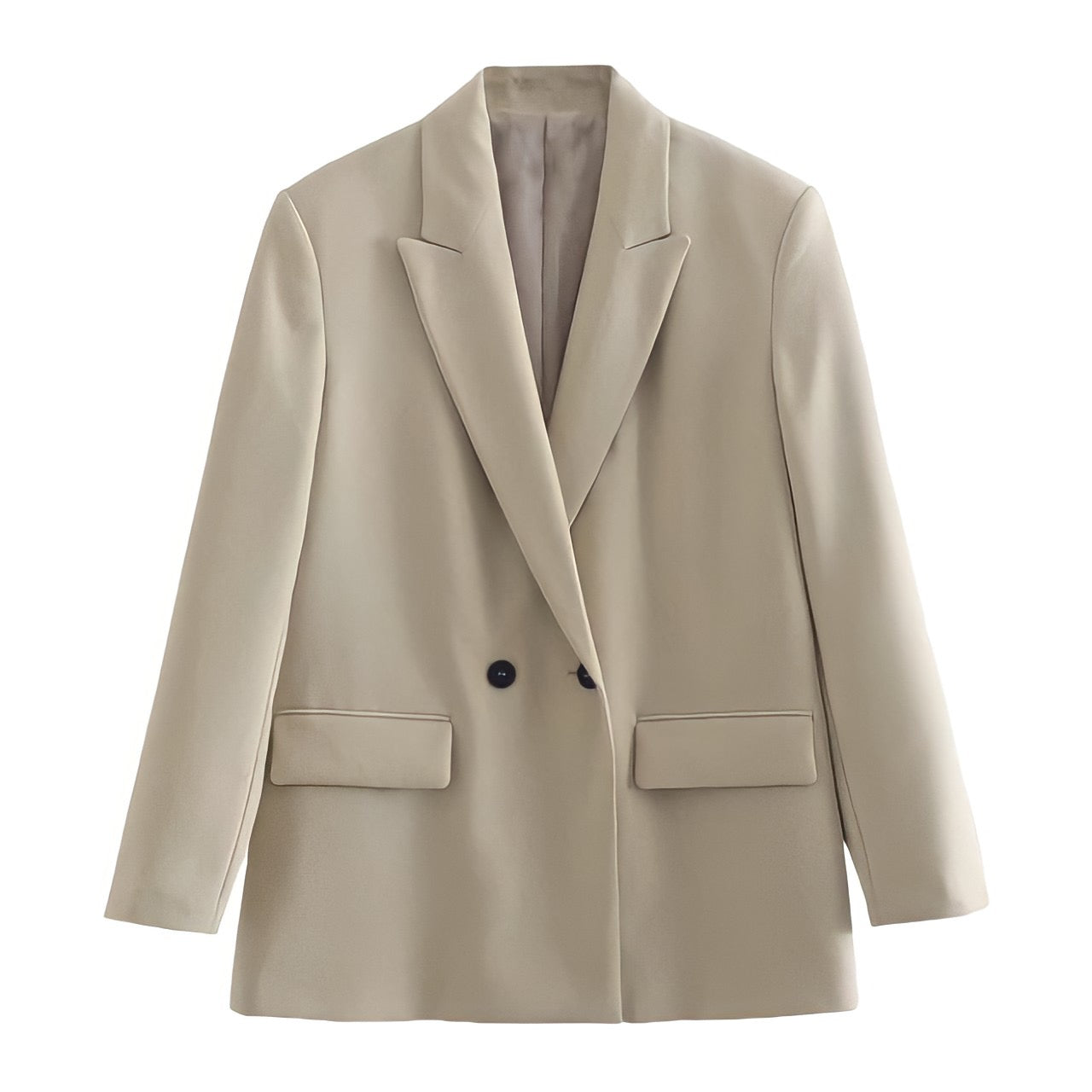 Khaki Brown Long Sleeve Tailored Blazer Jacket featuring a double-breasted front with black buttons, structured oversized fit, satin-lined interior, and front flap pockets. Soft, cozy, and elegant neutral outerwear for women and teens. Perfect for fall, autumn, and winter 2025 fashion. Ships globally and worldwide to the US, UK, Canada, Australia, Europe, and Asia.