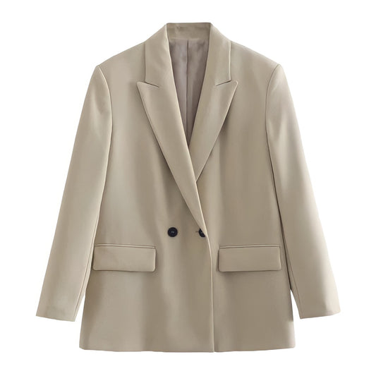 Khaki Brown Long Sleeve Tailored Blazer Jacket featuring a double-breasted front with black buttons, structured oversized fit, satin-lined interior, and front flap pockets. Soft, cozy, and elegant neutral outerwear for women and teens. Perfect for fall, autumn, and winter 2025 fashion. Ships globally and worldwide to the US, UK, Canada, Australia, Europe, and Asia.