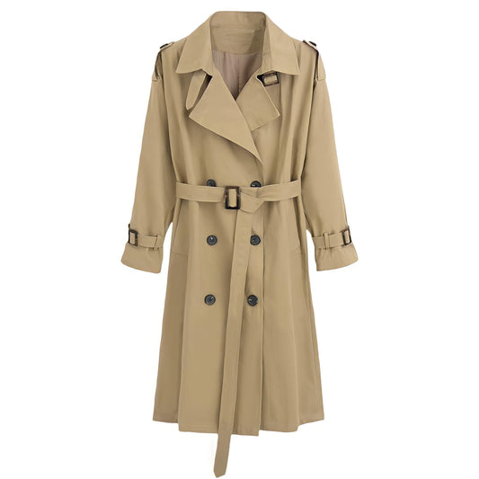 Khaki brown oversized button-down long sleeve trench coat for women, featuring a smooth lightweight woven fabric, double-breasted black buttons, wide lapel collar, belted waist, relaxed tailored fit, minimalist neutral style, fall and winter outerwear, elegant fashion coat, trendy streetwear, ships worldwide to US, Canada, UK, Australia, Europe, Asia.
