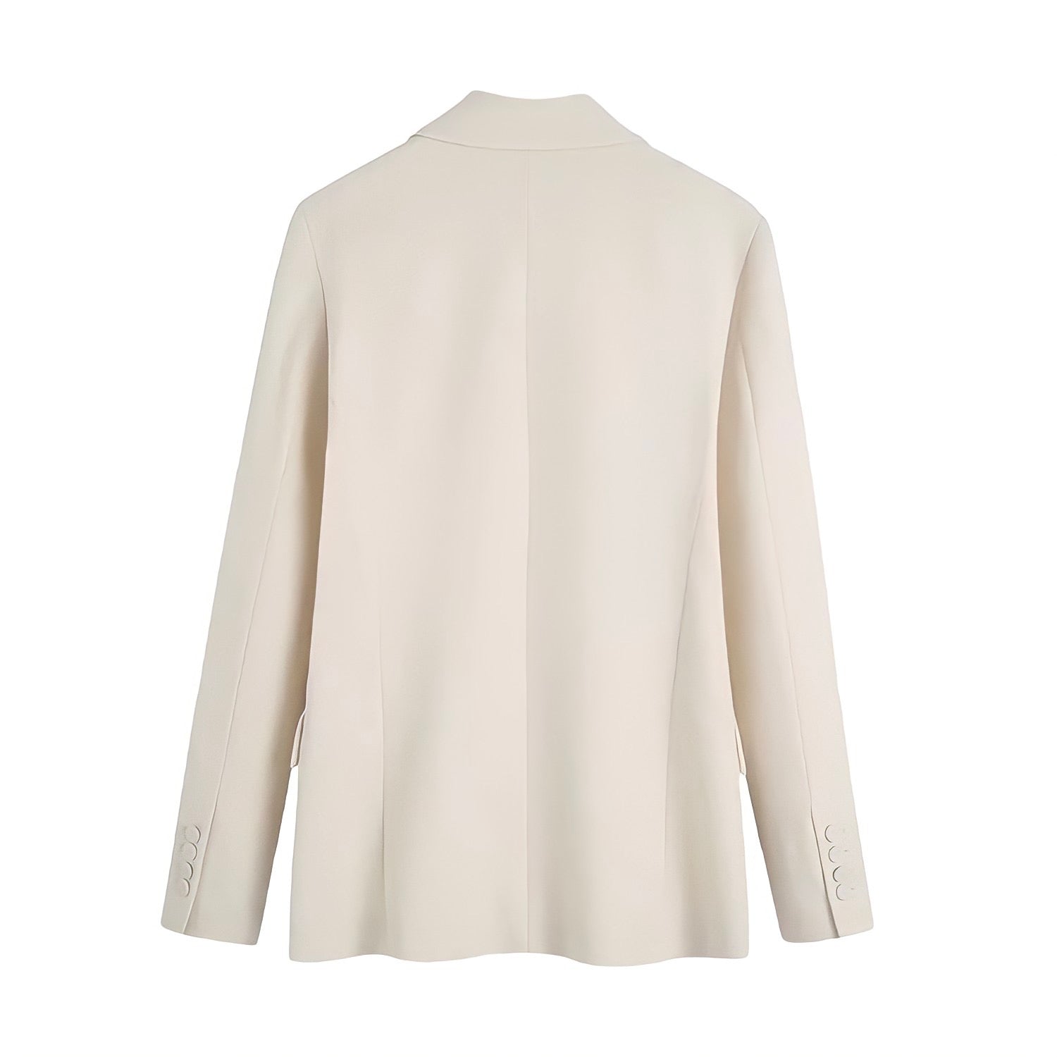 Light Beige Long Sleeve Tailored Blazer Jacket featuring a structured oversized fit, double-breasted front, satin lining, collared v-neckline, and front flap pockets. Elegant, soft, and neutral outerwear for women and teens. Perfect for fall, autumn and winter 2025 fashion looks. Ships globally and worldwide to the US, UK, Canada, Australia, Europe, and Asia.