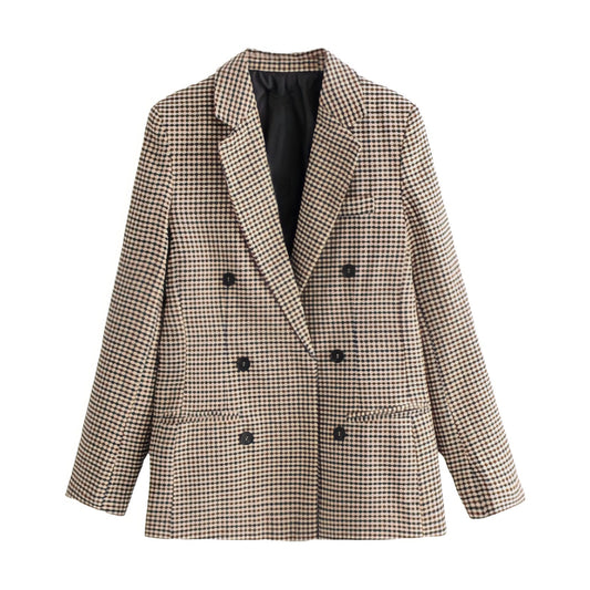 Light Brown Tweed Plaid Long Sleeve Tailored Blazer Jacket featuring a structured double-breasted design, black and brown plaid pattern, satin lining, and front flap pockets. Elegant, soft, and chic tweed outerwear for women and teens. Perfect for fall, autumn, and winter 2025 fashion. Ships globally and worldwide to the US, UK, Canada, Australia, Europe, and Asia.