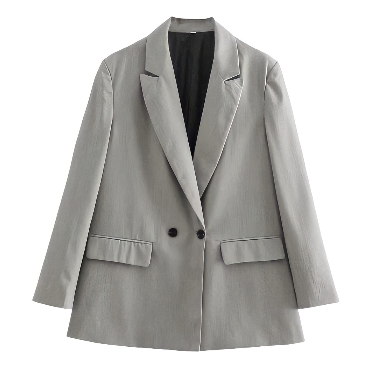 Light Grey Long Sleeve Tailored Blazer Jacket featuring a structured oversized double-breasted design with black buttons, v-neck collar, and satin lining. Sleek, cozy, and elegant outerwear for women and teens. Perfect for fall, autumn, and winter 2025 fashion. Ships globally and worldwide to the US, UK, Canada, Australia, Europe, and Asia.