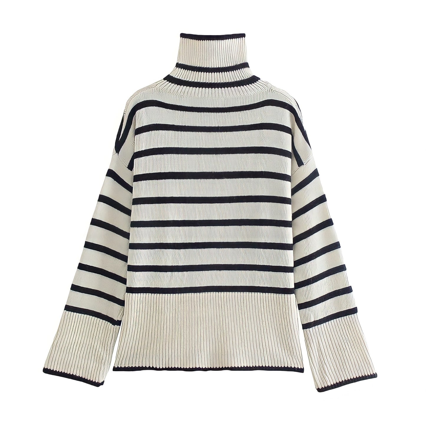 White Striped Knitted Turtleneck Sweater