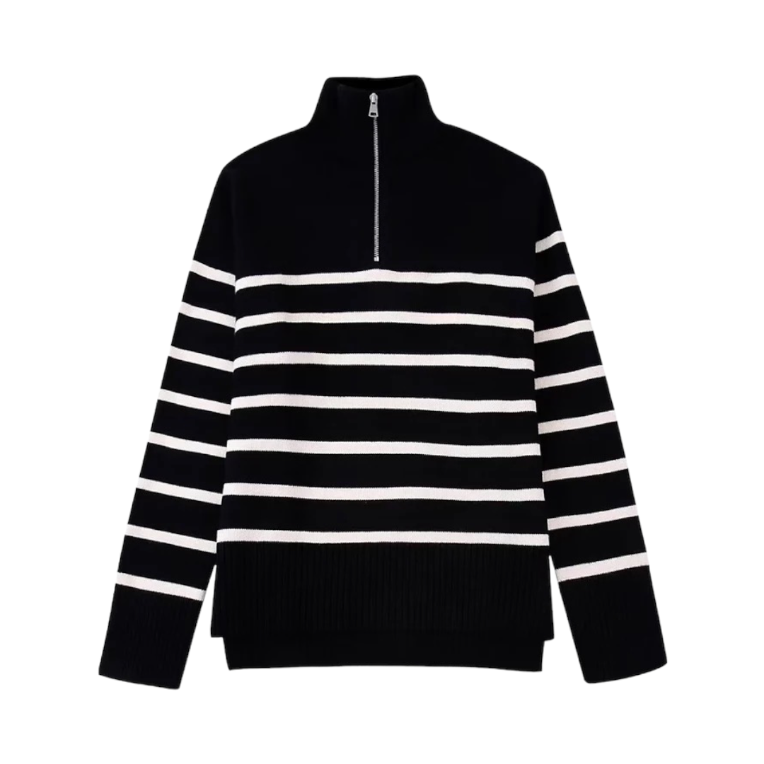 Black Striped Turtleneck Zip Down Sweater