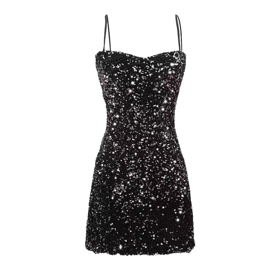 Black Sequined Bodycon Spaghetti Strap Mini Dress