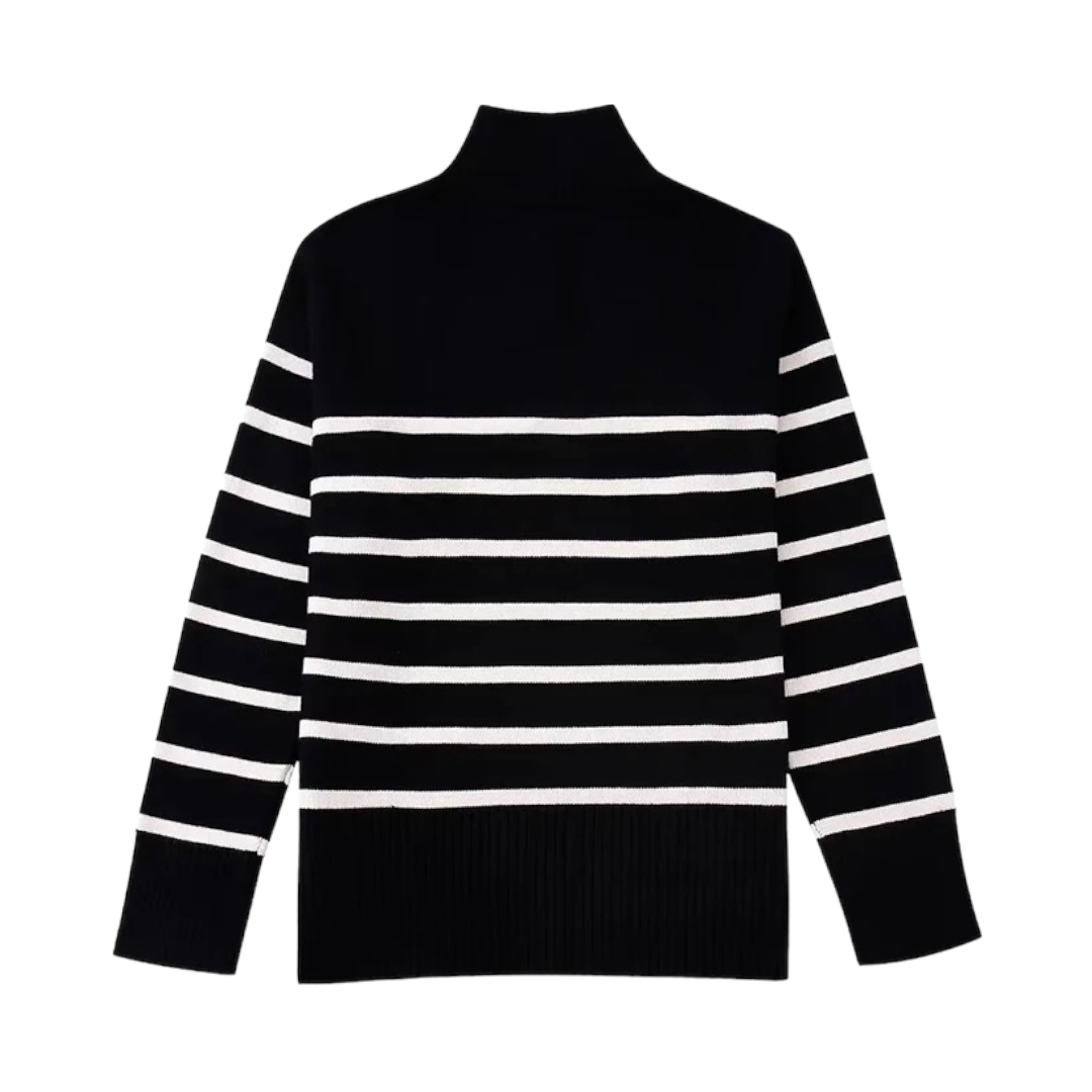 Black Striped Turtleneck Zip Down Sweater