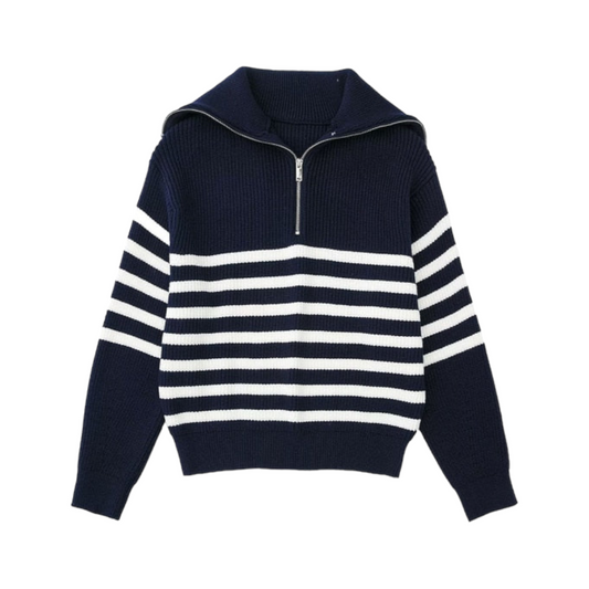 Dark Navy Blue Striped Knitted Half Zip Sweater