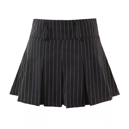 Black Striped Pleated Mini Skirt