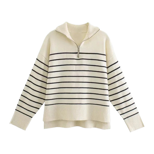 Ivory Striped Turtleneck Zip Down Sweater