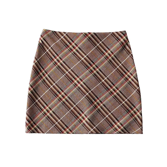 Brown Plaid Tweed Mini Skirt
