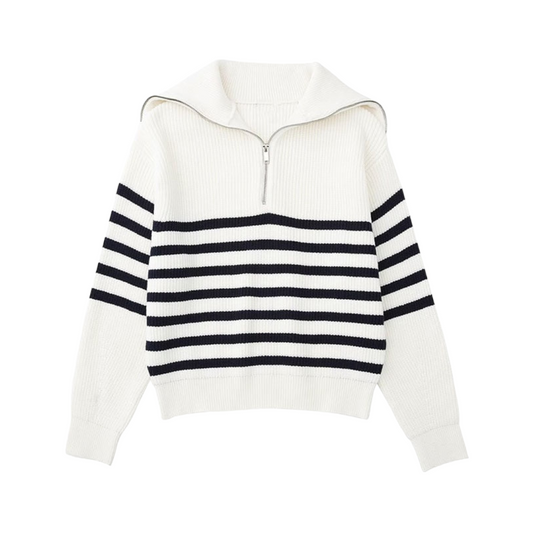 White Striped Knitted Half Zip Sweater