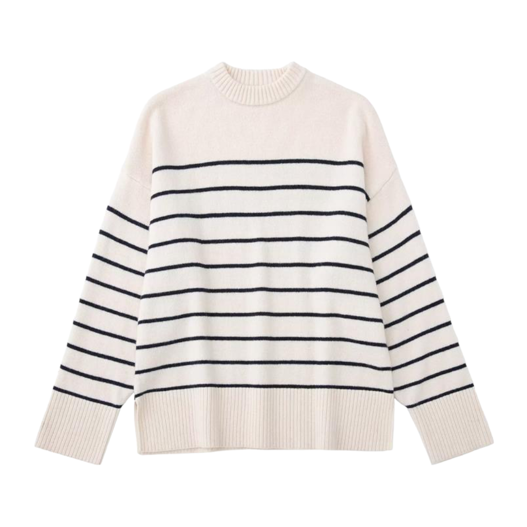 Light Beige Striped Cotton Pullover Sweater