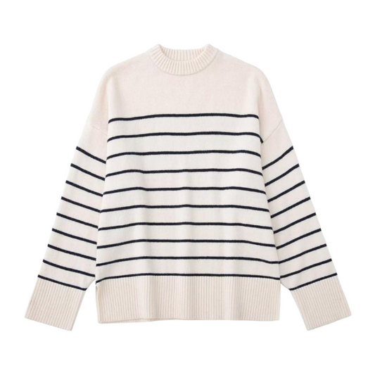 Light Beige Striped Cotton Pullover Sweater